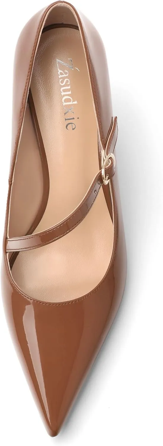 Women's Mary Jane Shoes, Pointed Toe Kitten Mid Heel Pumps with Buckle Cross Back Strap Fashion Office Dress Pumps Shoes 2.55 Inch