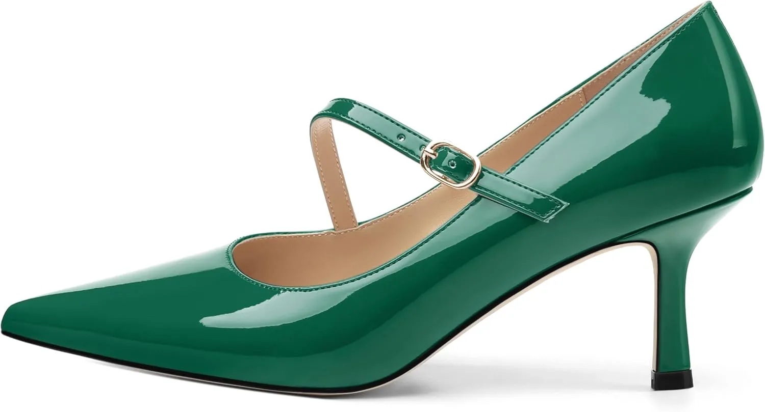 Women's Mary Jane Shoes, Pointed Toe Kitten Mid Heel Pumps with Buckle Cross Back Strap Fashion Office Dress Pumps Shoes 2.55 Inch