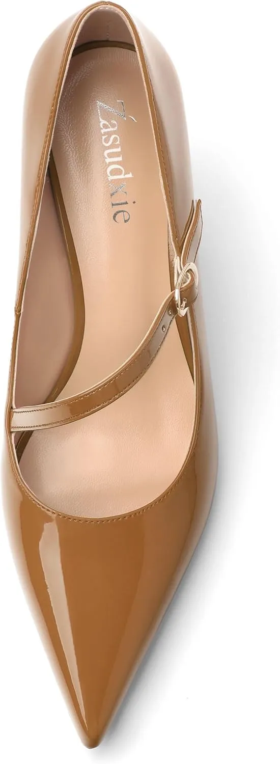 Women's Mary Jane Shoes, Pointed Toe Kitten Mid Heel Pumps with Buckle Cross Back Strap Fashion Office Dress Pumps Shoes 2.55 Inch