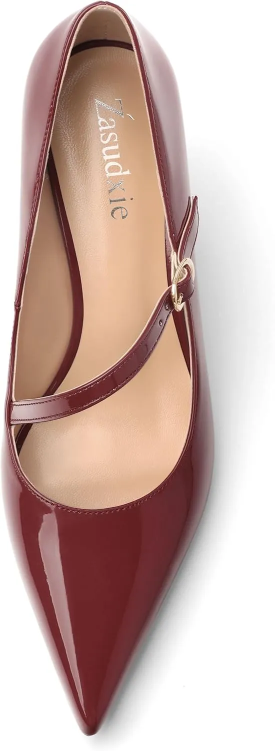 Women's Mary Jane Shoes, Pointed Toe Kitten Mid Heel Pumps with Buckle Cross Back Strap Fashion Office Dress Pumps Shoes 2.55 Inch