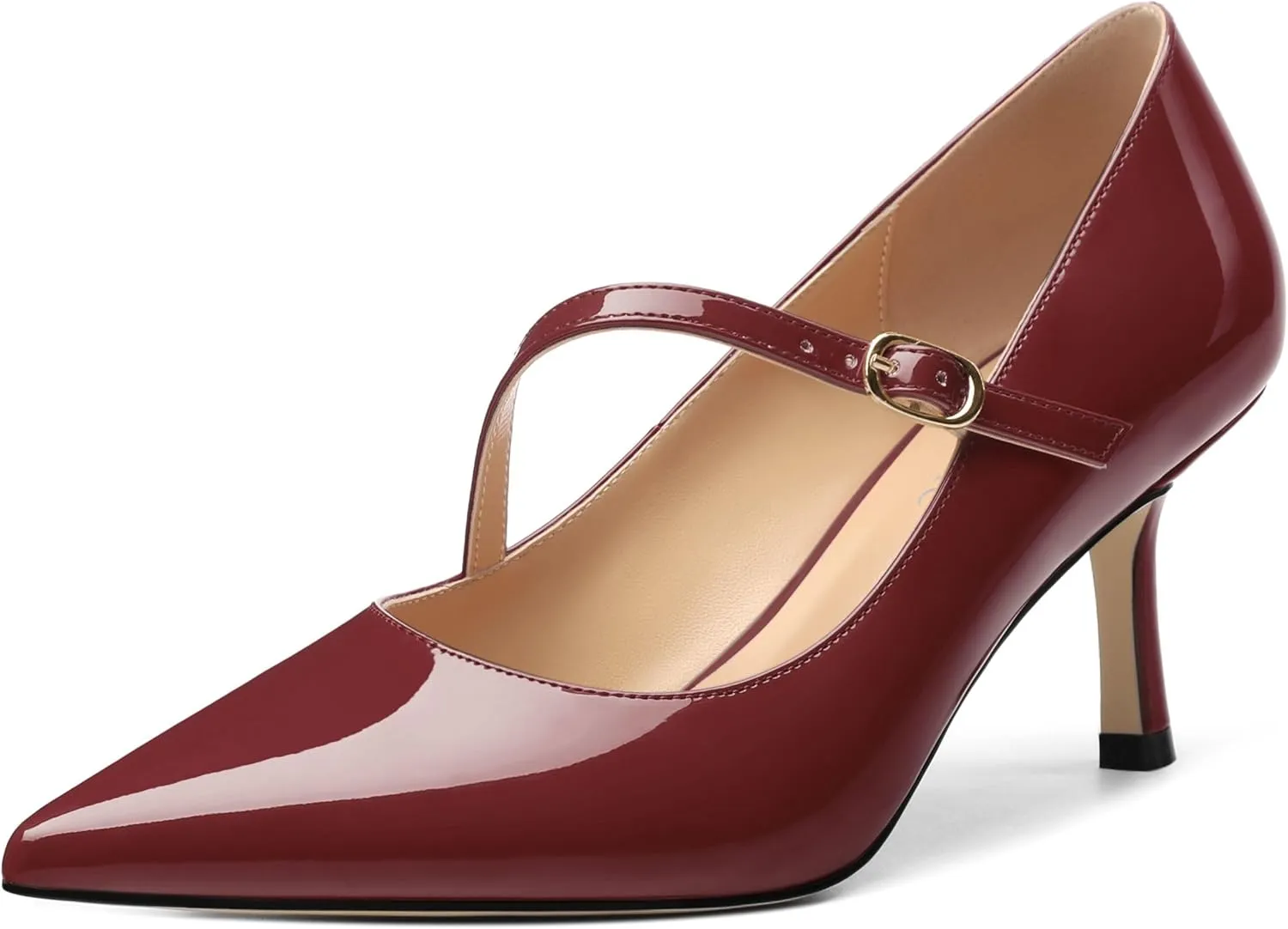 Women's Mary Jane Shoes, Pointed Toe Kitten Mid Heel Pumps with Buckle Cross Back Strap Fashion Office Dress Pumps Shoes 2.55 Inch