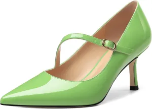 Women's Mary Jane Shoes, Pointed Toe Kitten Mid Heel Pumps with Buckle Cross Back Strap Fashion Office Dress Pumps Shoes 2.55 Inch