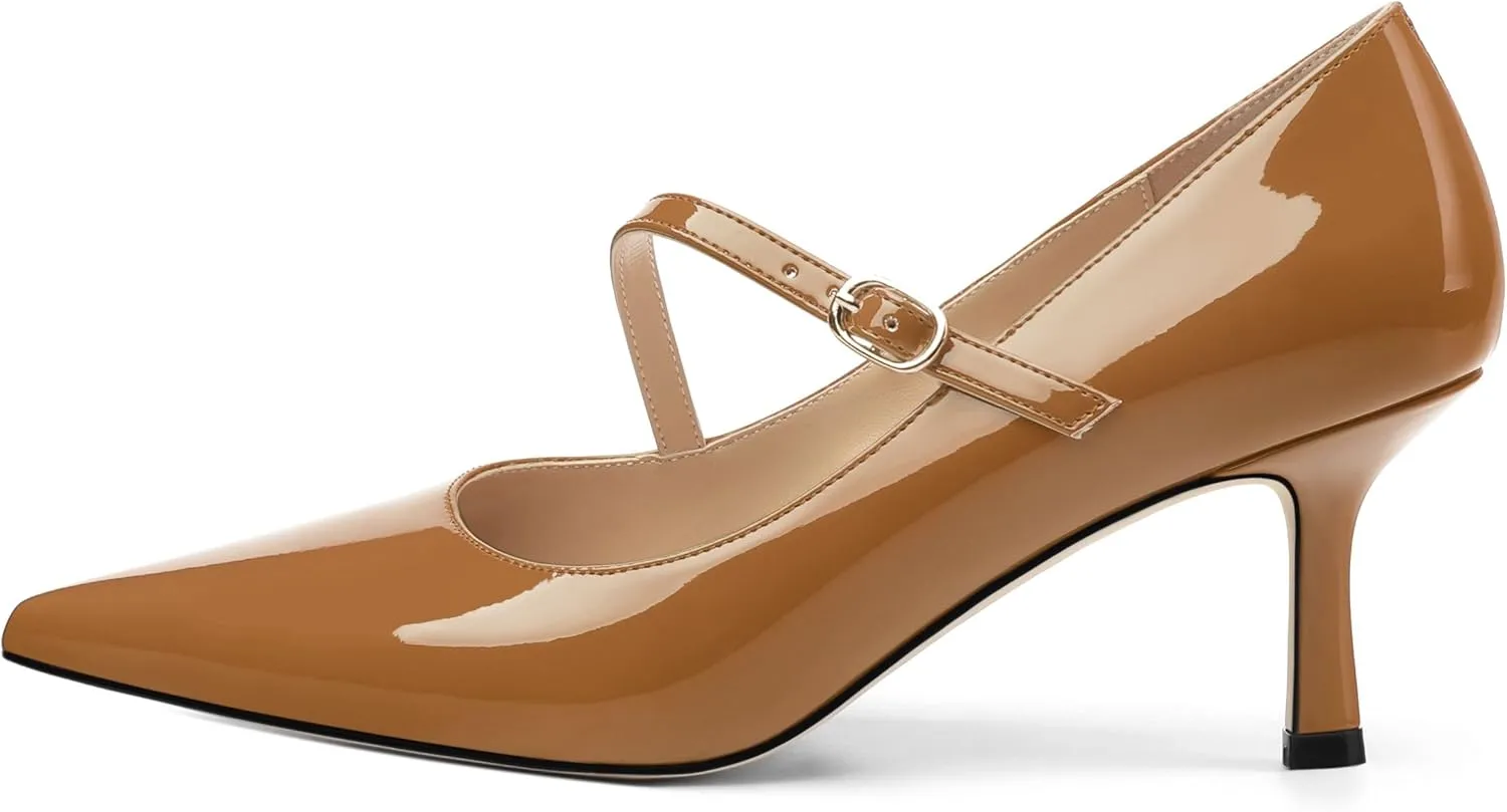 Women's Mary Jane Shoes, Pointed Toe Kitten Mid Heel Pumps with Buckle Cross Back Strap Fashion Office Dress Pumps Shoes 2.55 Inch