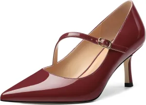 Women's Mary Jane Shoes, Pointed Toe Kitten Mid Heel Pumps with Buckle Cross Back Strap Fashion Office Dress Pumps Shoes 2.55 Inch