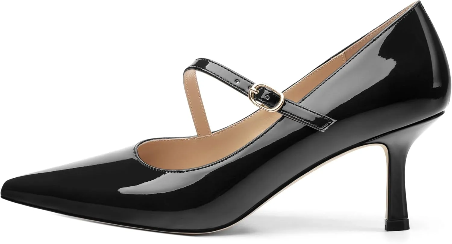 Women's Mary Jane Shoes, Pointed Toe Kitten Mid Heel Pumps with Buckle Cross Back Strap Fashion Office Dress Pumps Shoes 2.55 Inch