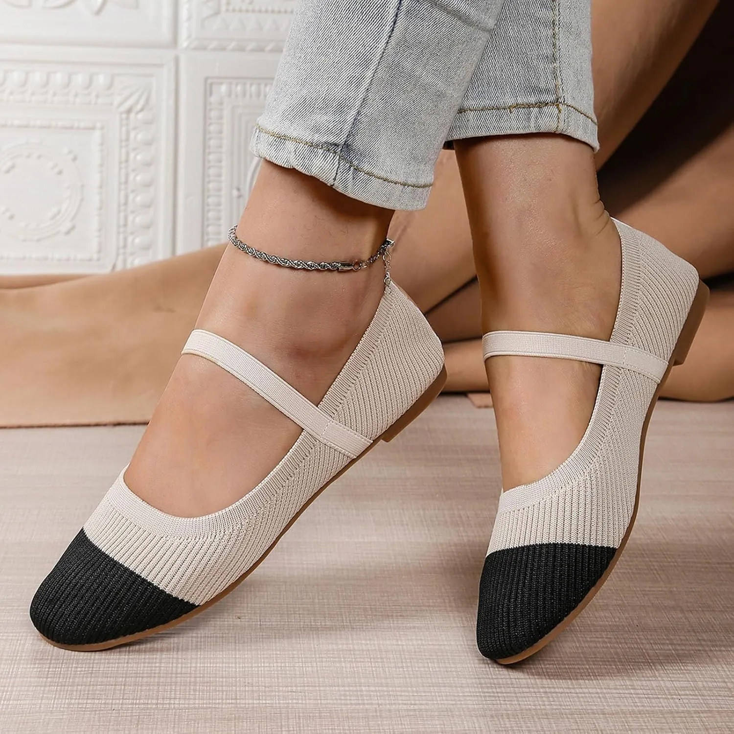 Womens Mesh Flats Shoes Breathable Slip on Shoes Casual Color Block Comfortable Walking Shoes Ballet Flats Dress Shoes