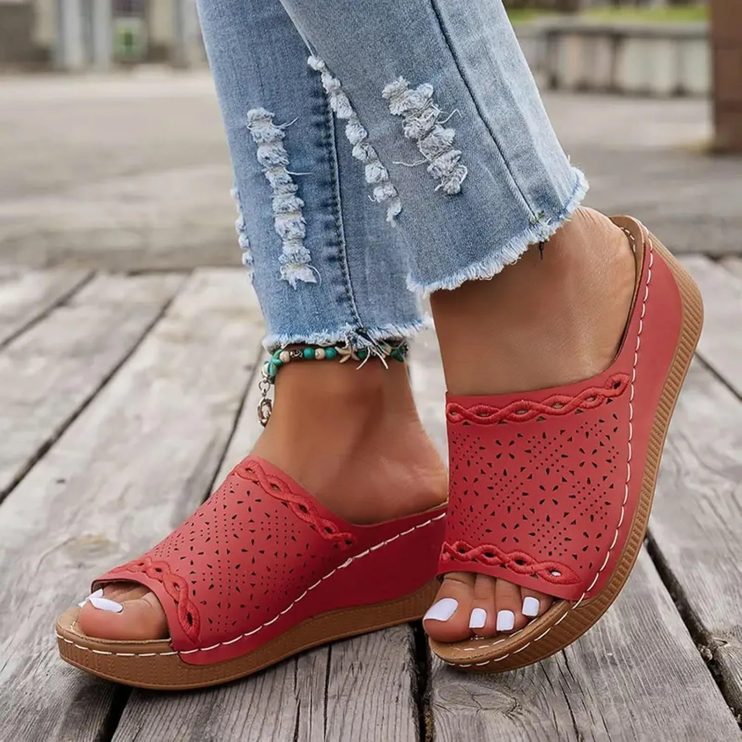 Womens Orthopedic Platform Wedge Sandals with Arch Support Open Toe Hollow Out Dressy Breathable Comfortable Slippers Cushion Summer Fashion Casual Beach Walking Vacation Footwear