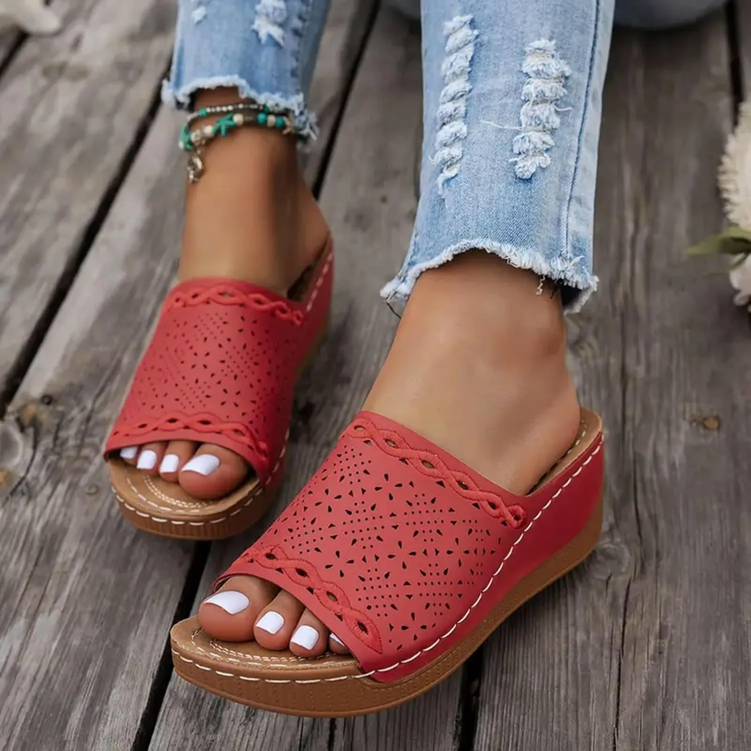 Womens Orthopedic Platform Wedge Sandals with Arch Support Open Toe Hollow Out Dressy Breathable Comfortable Slippers Cushion Summer Fashion Casual Beach Walking Vacation Footwear