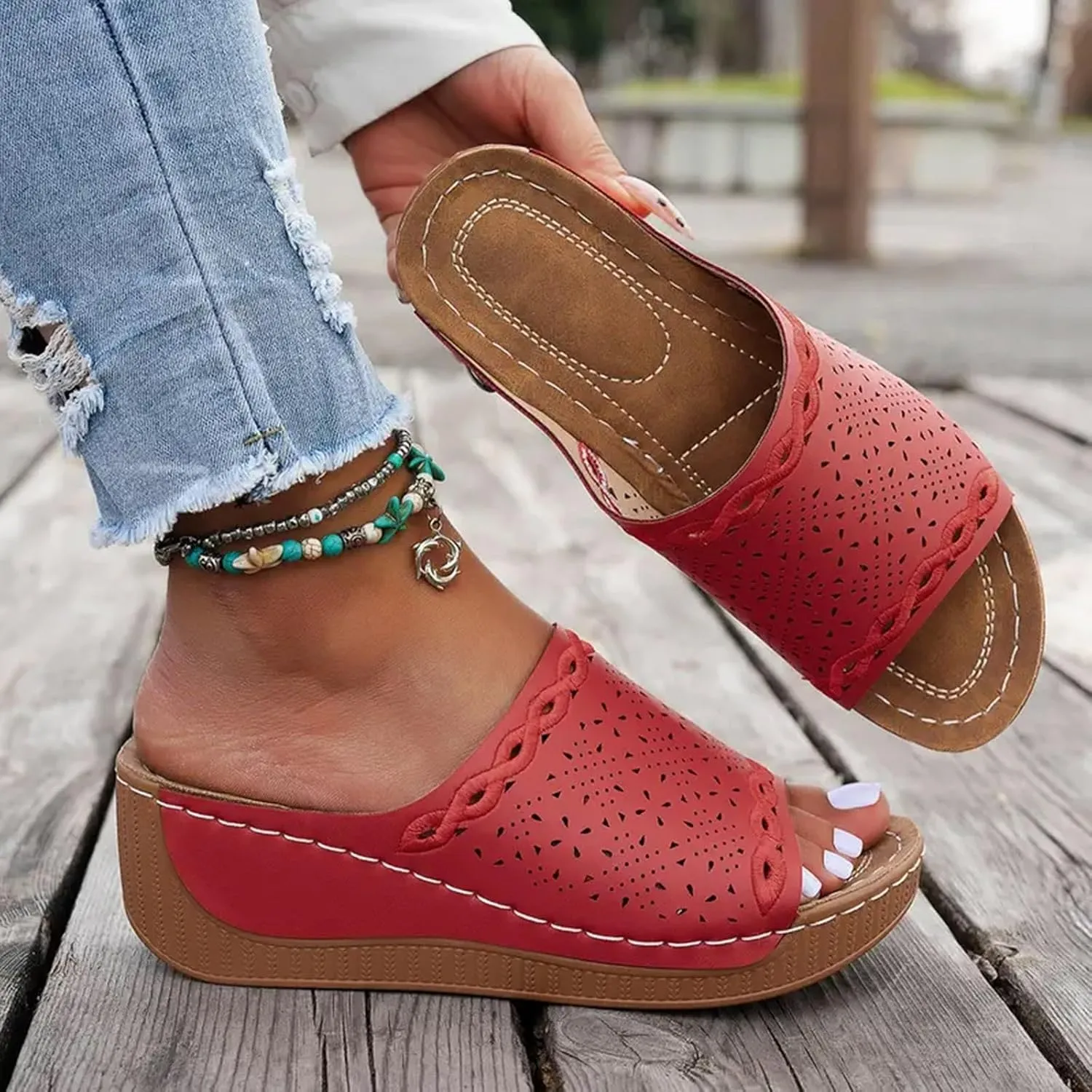 Womens Orthopedic Platform Wedge Sandals with Arch Support Open Toe Hollow Out Dressy Breathable Comfortable Slippers Cushion Summer Fashion Casual Beach Walking Vacation Footwear