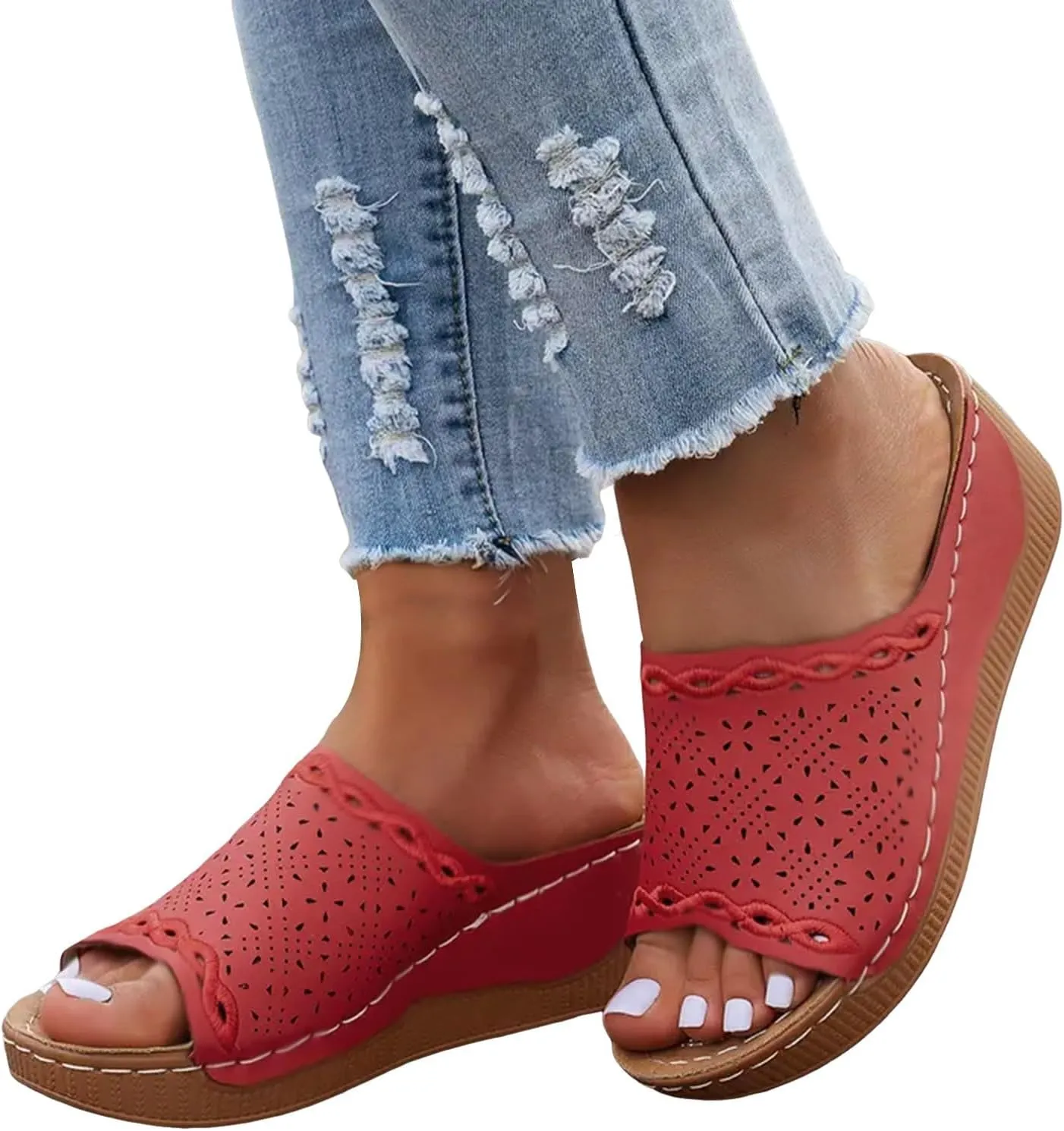 Womens Orthopedic Platform Wedge Sandals with Arch Support Open Toe Hollow Out Dressy Breathable Comfortable Slippers Cushion Summer Fashion Casual Beach Walking Vacation Footwear