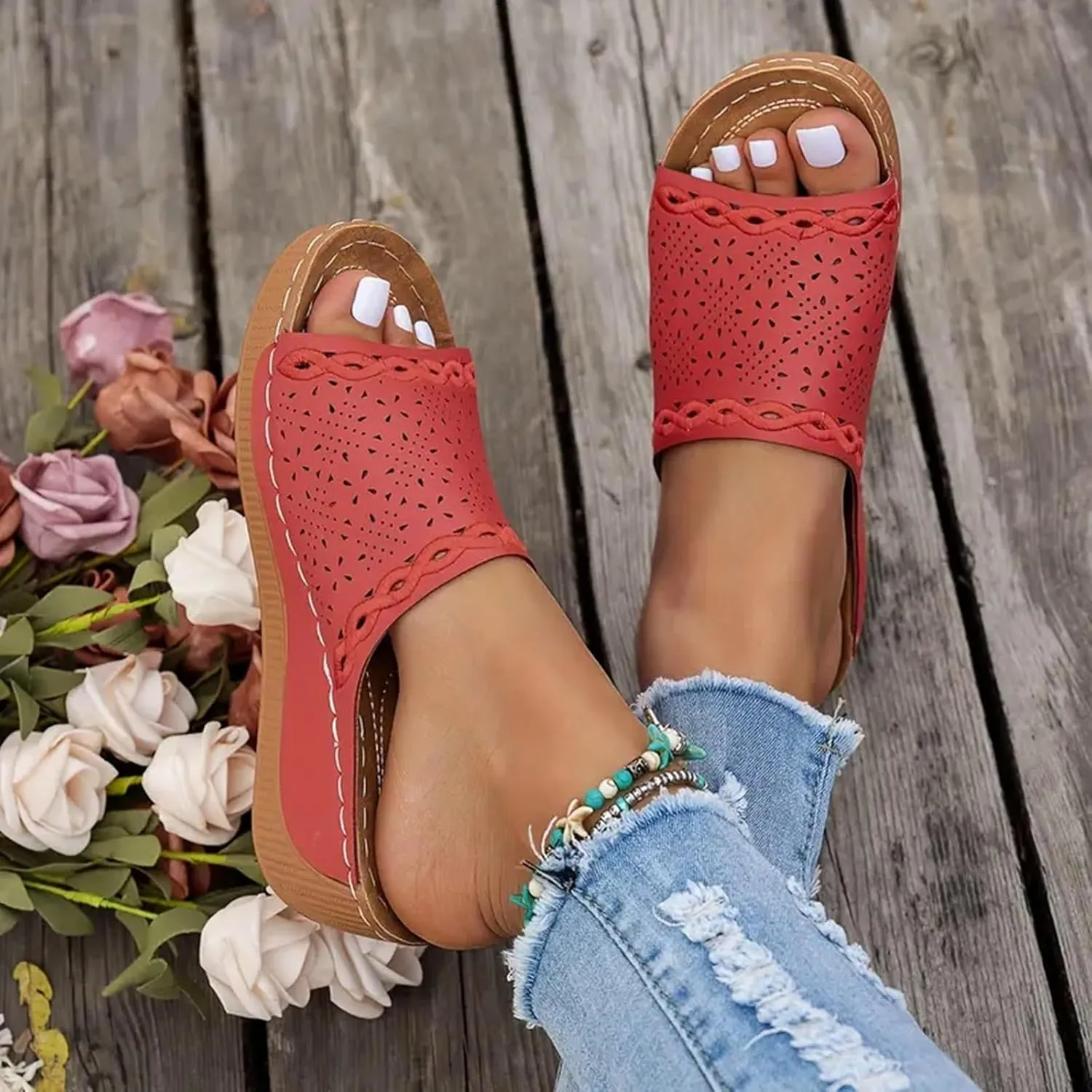Womens Orthopedic Platform Wedge Sandals with Arch Support Open Toe Hollow Out Dressy Breathable Comfortable Slippers Cushion Summer Fashion Casual Beach Walking Vacation Footwear