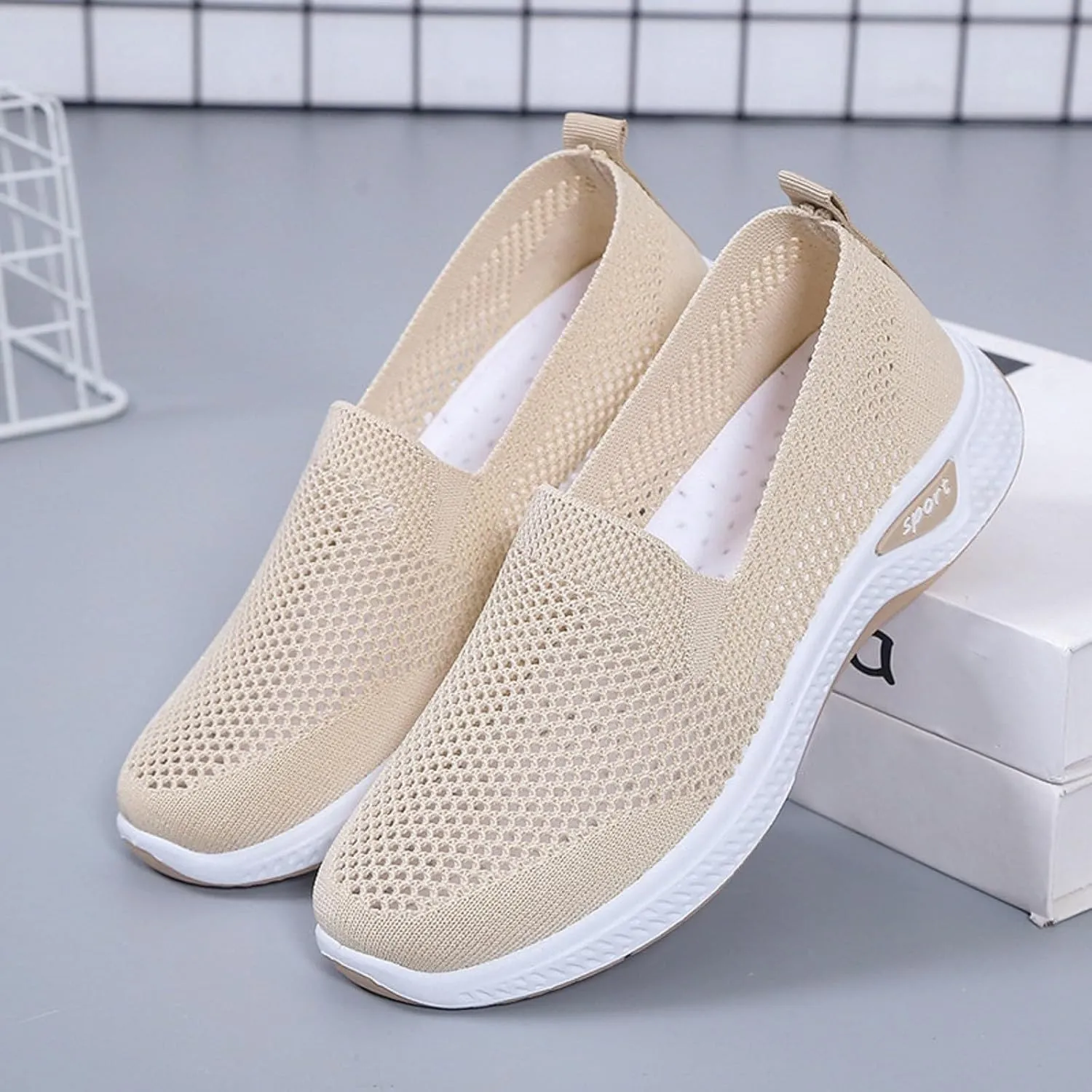 Womens Orthopedic Sneakers Slip on Walking Shoes Breathable Soft Woven Shoe Non-Slip Mesh Up Footwear Lightweight Comfortable Arch Support Sneaker