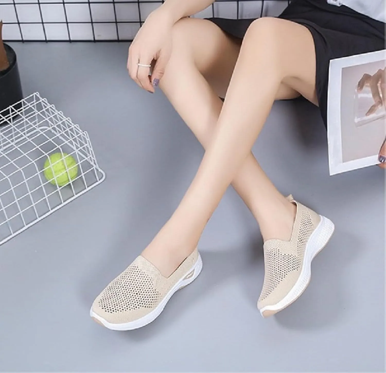 Womens Orthopedic Sneakers Slip on Walking Shoes Breathable Soft Woven Shoe Non-Slip Mesh Up Footwear Lightweight Comfortable Arch Support Sneaker