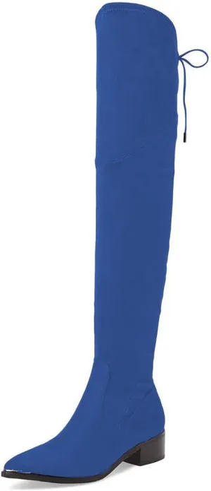 XYD Women Trendy Over The Knee Boots Flats Pointed Closed Toe Thigh High Block Low Heels Tie Back Lace Side Zipper Long Booties