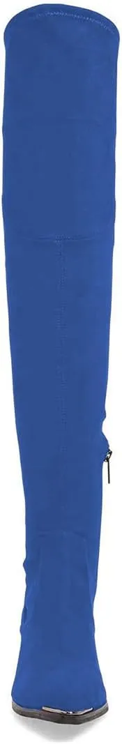 XYD Women Trendy Over The Knee Boots Flats Pointed Closed Toe Thigh High Block Low Heels Tie Back Lace Side Zipper Long Booties
