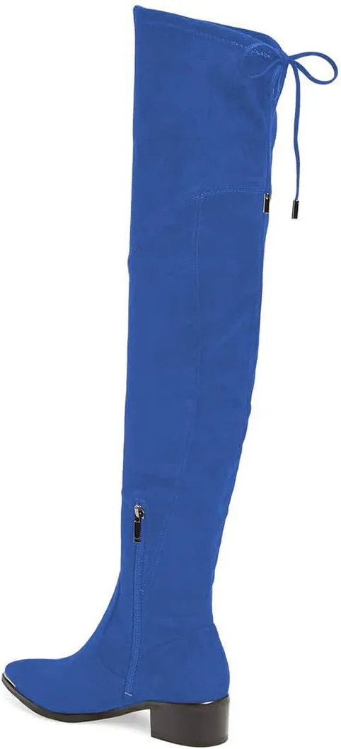 XYD Women Trendy Over The Knee Boots Flats Pointed Closed Toe Thigh High Block Low Heels Tie Back Lace Side Zipper Long Booties