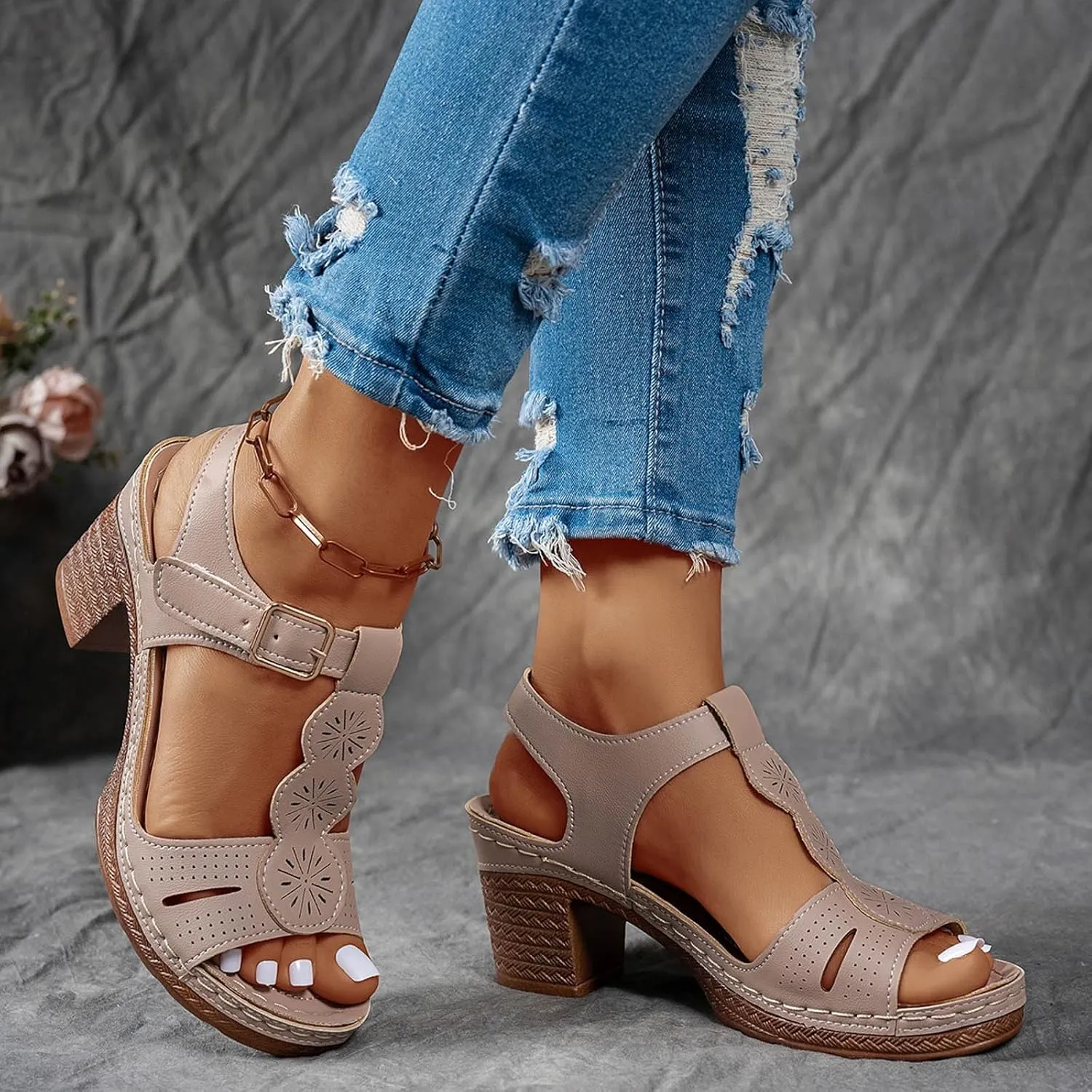 ZSpzx Women's Recovery Orthopedic Sandals 2025 Peep Toe Chunky Block Heels T-strap Cutout Sandal Ladies Cushion Footbed Orthopedic Casual Slingback Comfortable Shoes for Daily Wear Outdoor Indoor