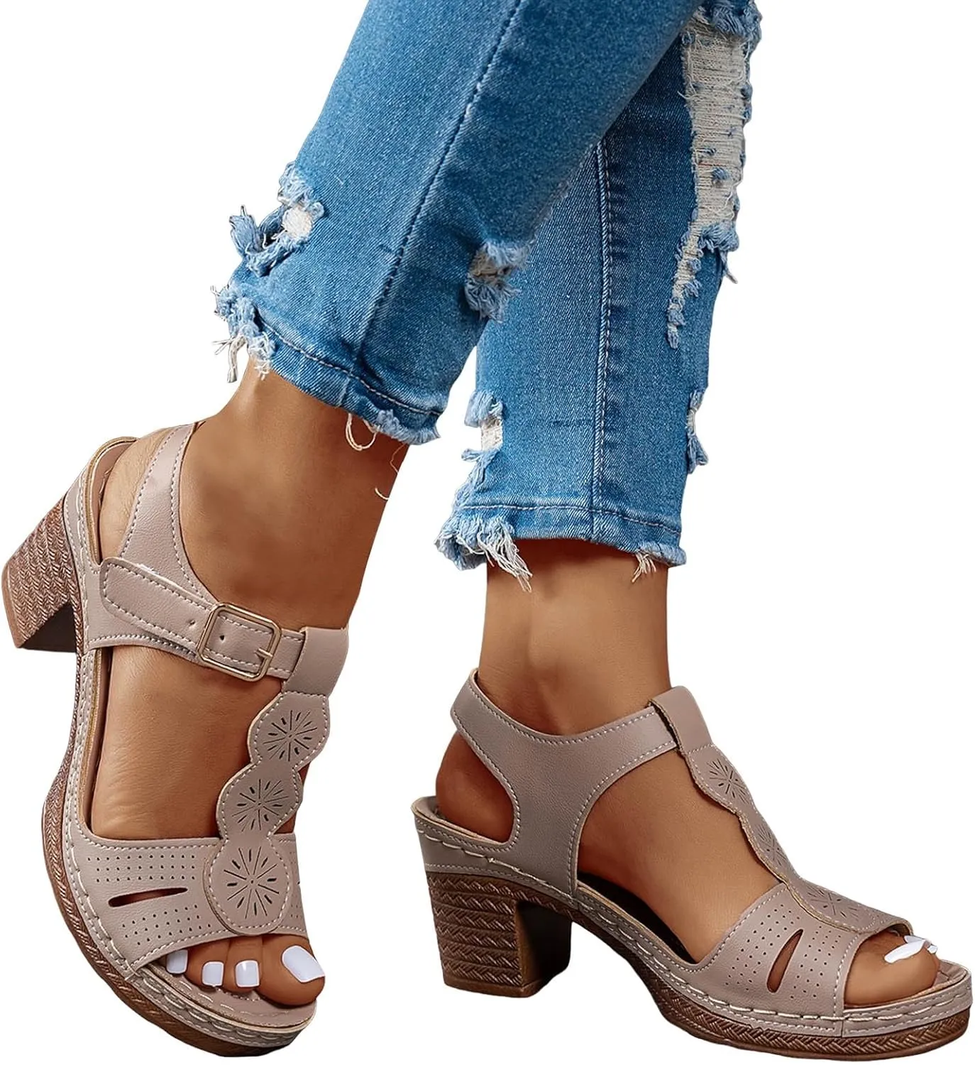 ZSpzx Women's Recovery Orthopedic Sandals 2025 Peep Toe Chunky Block Heels T-strap Cutout Sandal Ladies Cushion Footbed Orthopedic Casual Slingback Comfortable Shoes for Daily Wear Outdoor Indoor