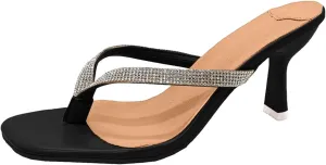 ZSpzx Women's Stiletto Heels Sandals Slip On Square Toe Flip Flops Rhinestone Sparkly Backless Mules Orthopedic Sandal Cushion Footbed Sexy Dressy Fashion Thongs for Walking Vacation Outdoor Indoor